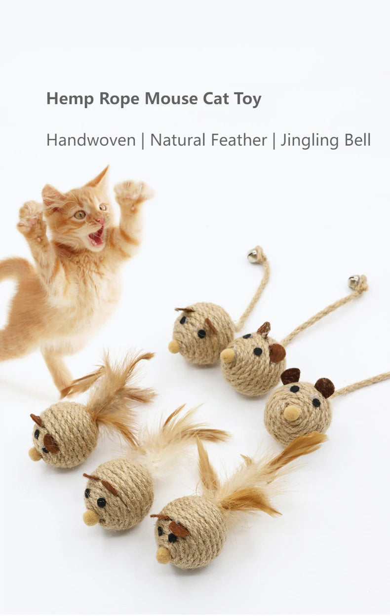Cat Mouse Toy – Handwoven Hemp with Feather and Bell