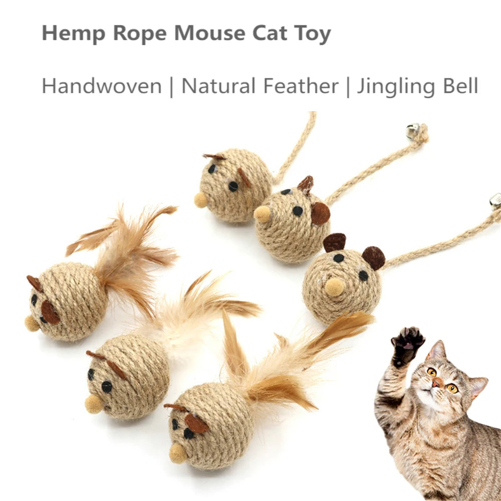 Cat Mouse Toy – Handwoven Hemp with Feather and Bell