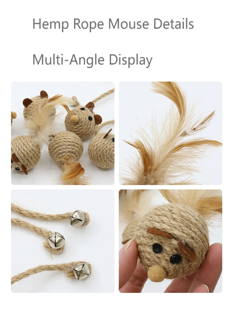 Cat Mouse Toy – Handwoven Hemp with Feather and Bell