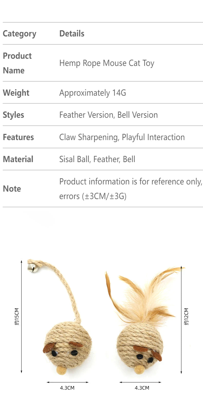 Cat Mouse Toy – Handwoven Hemp with Feather and Bell